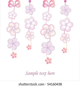 White background with decorative light violet flowers, bows and a place for the text