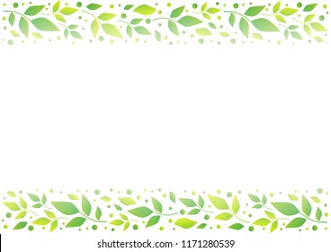 White background with decorative stripes align top and below with green leaves and dots for decoration, scrapbooking paper,wedding invitation, greeting card, text,cover of book, notebook