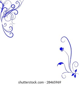 a white background with deep blue curl and floral patterns