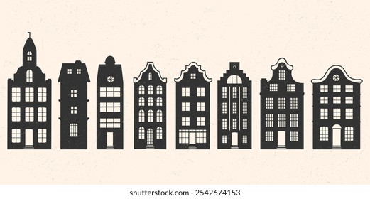 The white background depicts silhouettes of Danish building houses, retro houses.