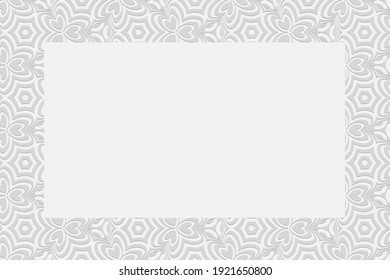 White background for design and decor. Frame for text. Geometric convex volumetric 3D pattern with a relief ornament from ethnic unique elements in the style of doodling.