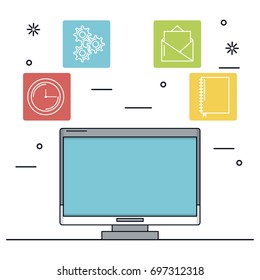 white background with desktop computer in closeup and icons apps in color squares