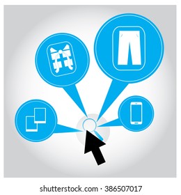 White background with different shopping icons and a computer mouse