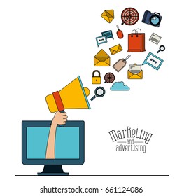 white background with display computer and megaphone with elements web marketing and advertising vector illustration