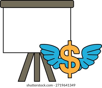 Um fundo branco com um sinal de dólar e um sinal de dólar alado. O símbolo do dólar está rodeado de asas, que simbolizam riqueza e prosperidade. Conceito de sucesso financeiro e abundância