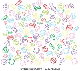 White background with donut patterns, sweets, burgers, lollipops, bread