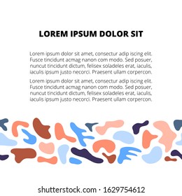 White background with doodle liquid shapes in blue, pink, brown colors and text template.