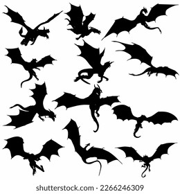 
white background dragon silhouette set, logo, icon