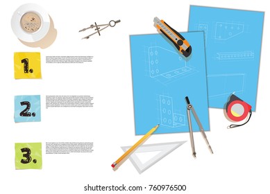 White background and drawing instruments with drawings and cup of coffee