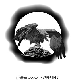 White background eagle bone skull moon swaths wings feathers