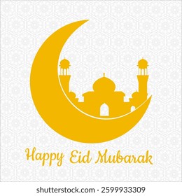 White background of Eid Mubarak. Crescent Moon symbol with Arabic ornaments and Mosque background. Eid Al-Fitr greetings for Islamic festival