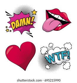 white background elements pop art style with halftone with callout and text inside