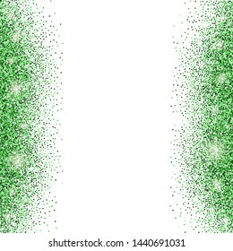 White Background With Emerald Green Glitter Sparkles Or Confetti And Space For Text.