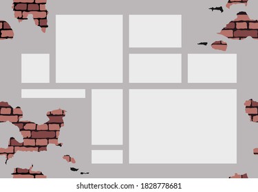 White background with empty space for the text. Grunge seamless texture. Mock-up brick cracked old wall design. Vector layout