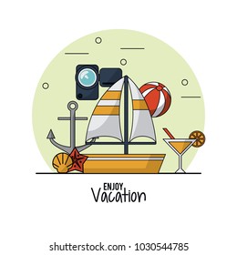 white background of enjoy vacation with sailboat and video recorder and anchor and beach ball and cocktail
