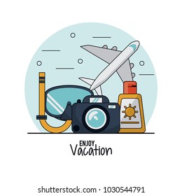 white background of enjoy vacation with snorkel and airplane and sunblock and photo camera