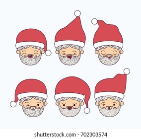 white background with face cute caricature set of santa claus vector illustration