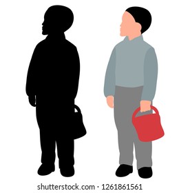 white background, a faceless child with a basket
