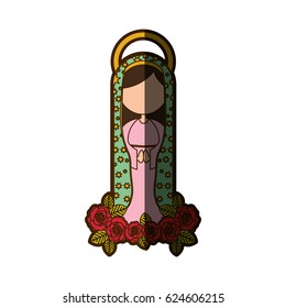 white background of faceless virgin of guadalupe and ornament of roses with half shadow vector illustration