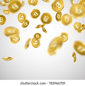 White background with falling gold bitcoins. Vector money illustration.