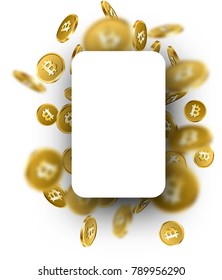 White background with falling gold bitcoins. Vector money illustration.