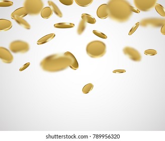 White background with falling gold coins. Vector money illustration.