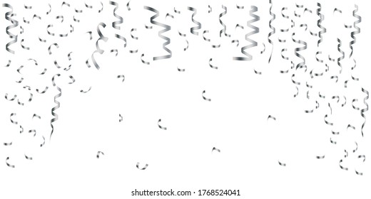 White background with falling serpentine and ribbons. Image for fun, party, celebration. Horizontal colorful template.