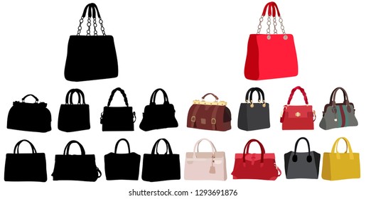 white background, fashionable women bag, set