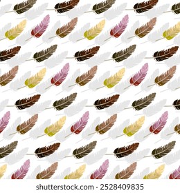 White background with feathers.Vector seamless pattern with colored feathers on a white background with shadow.