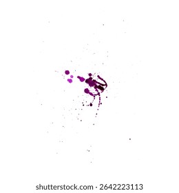 A white background features a central, vibrant purple and fuchsia ink splatter with numerous smaller droplets radiating outwards, suggesting dynamic motion