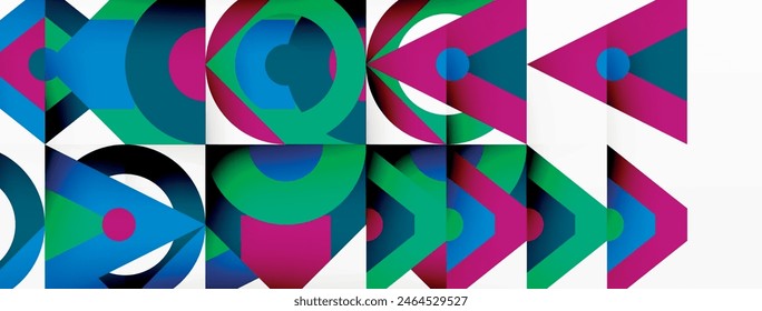 The white background features a vibrant geometric design with circles and arrows. The pattern includes vibrant colors like magenta and violet, showcasing symmetry and an artistic flair