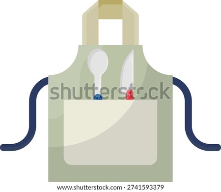 White background featuring an apron adorned with cooking utensils and a spoon.