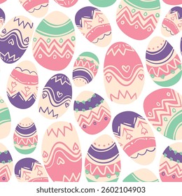 White background featuring a pattern of Easter eggs in pastel shades of pink, purple, green, and blue with zigzag and heart designs, perfect for holiday crafts.