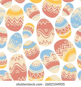 White background featuring a pattern of Easter eggs in pastel shades of pink, blue, and yellow with zigzag and heart designs, perfect for holiday crafts.