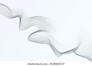 White background featuring wavy particles in motion. This science dynamic particle flow highlights digital backdrop
