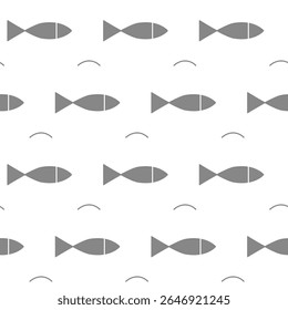 White background with fish. Fishes minimalist vector drawing. Grey fish seamless pattern. Simple seamless black and white Scandinavian trend pattern.