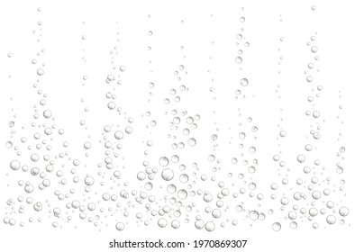 White background with fizzing air bubbles. Fizzy sparkles in water, sea, aquarium, ocean.