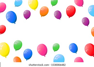 White background with flat colorful helium balloons and empty space.