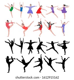 white background, flat style dancing girl, set
