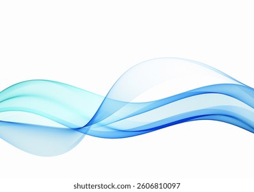 White background and flow of blue abstract wave. Wavy lines, design element.