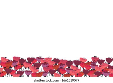 White background with flowers on the bottom. Many poppies of different colors. Vector illustration, flat cartoon, eps 10. Concept: place for text, spring, floral background, nature, page decoration.