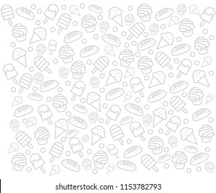 White background with food patterns such as bread, ice cream, ice sticks, ice cones, and cup cakes.