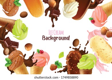 White background with frame consisting of different varieties and shapes of ice cream realistic vector illustration
