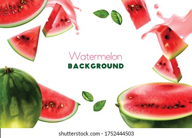 White background with frame consisting of red  ripe appetizing tasty watermelon pieces realistic vector illustration