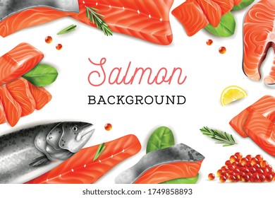 White background with frame consisting of   salmon pieces lemon slices sprig of rosemary and red caviar realistic vector illustration