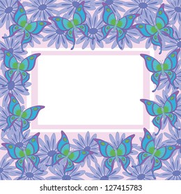 White background with a frame of flowers and butterflies. Vector
