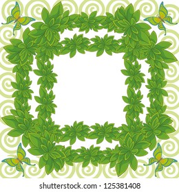 White background with a frame of fresh leaves of plants, butterflies and spiral. Vector
