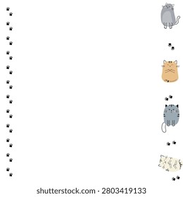 White background with a frame of kawaii abstract kitten characters with black paw prints.Web poster. Notebook paper.