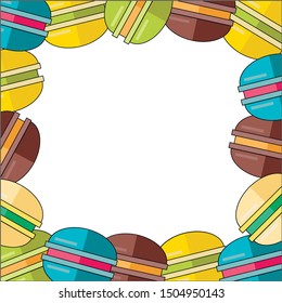 White background with frame of multicolored macaroons. Drawing for printing: covers, packaging, confectionery products, gifts.