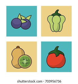 white background with frames of fruits blueberries kiwi and vegetables peppers and tomato